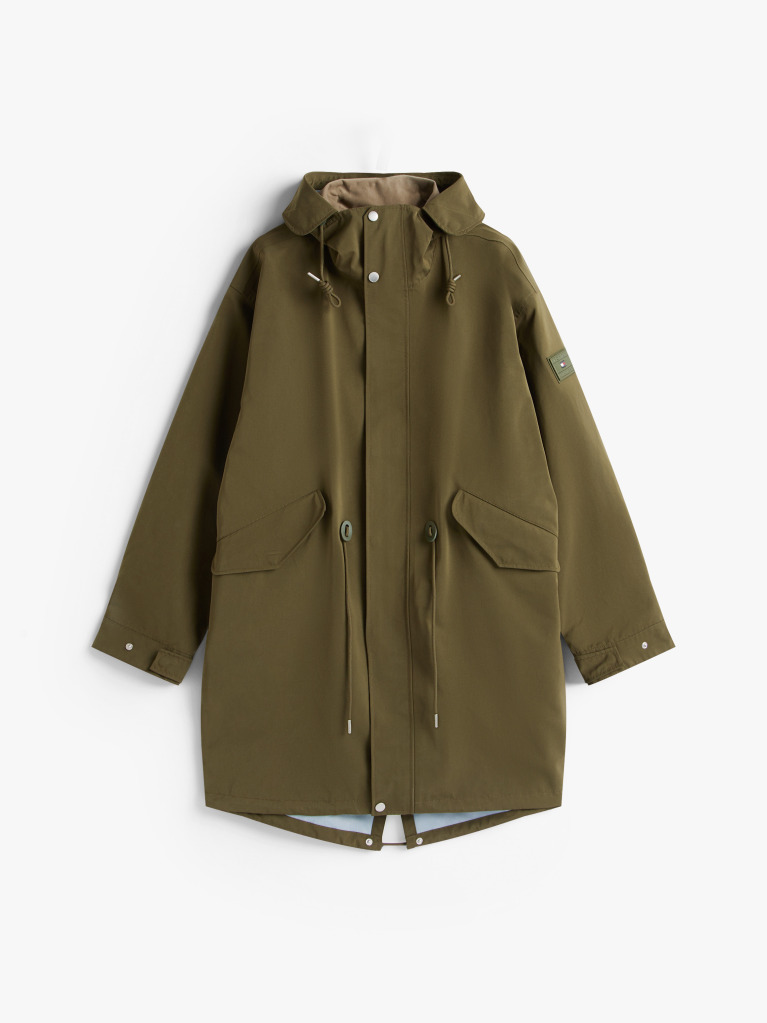 Green Windproof Logo Patch Hooded Parka  Men