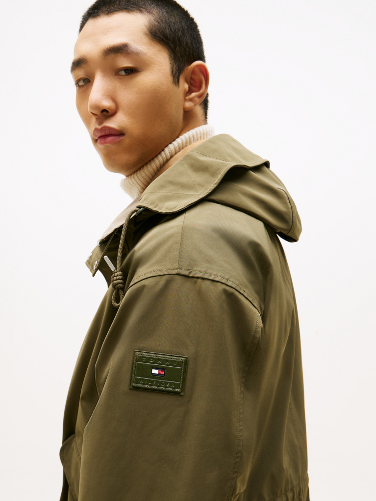 Green Windproof Logo Patch Hooded Parka  Men