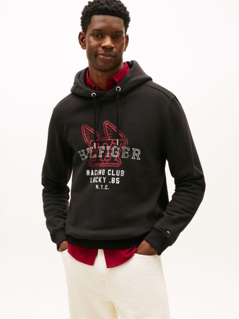 Black Graphic Terry Drawstring Hoody  Men