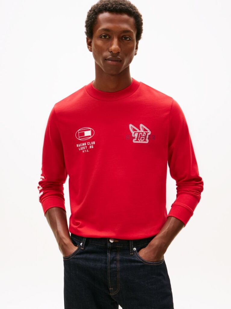 Red Graphic Jersey Long Sleeve T-Shirt  Men