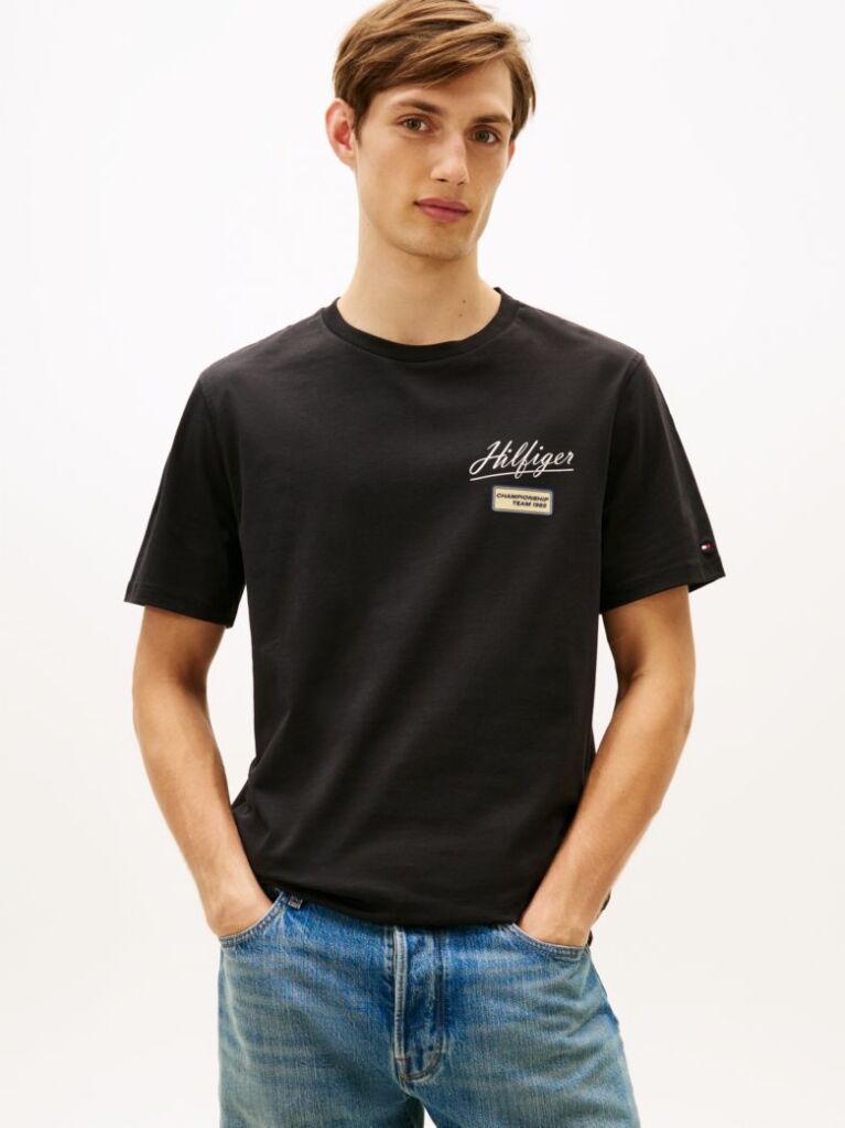 Black Textured Logo Crew Neck T-Shirt  Men