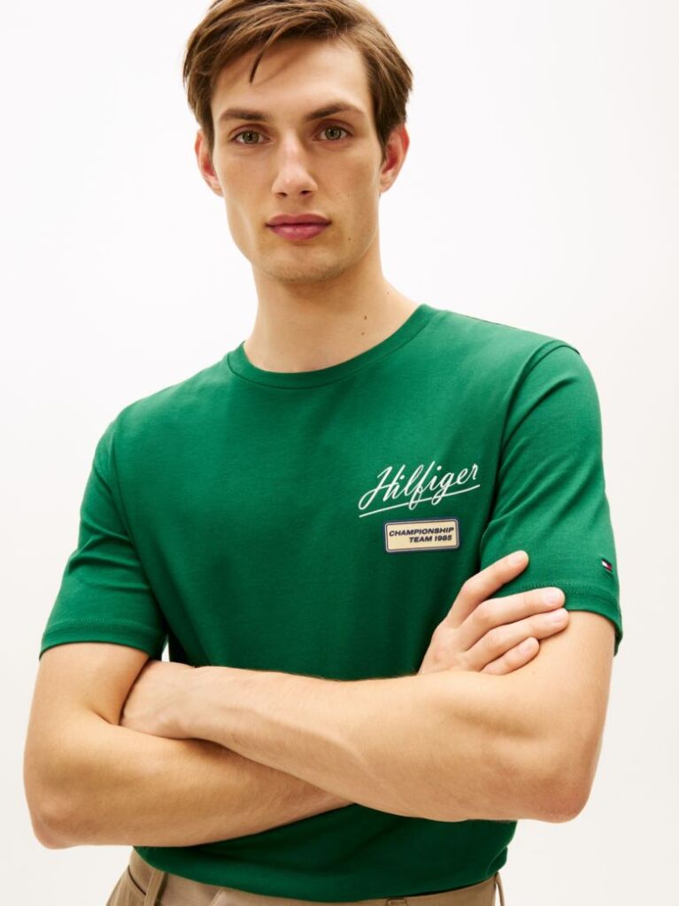 Green Textured Logo Crew Neck T-Shirt  Men