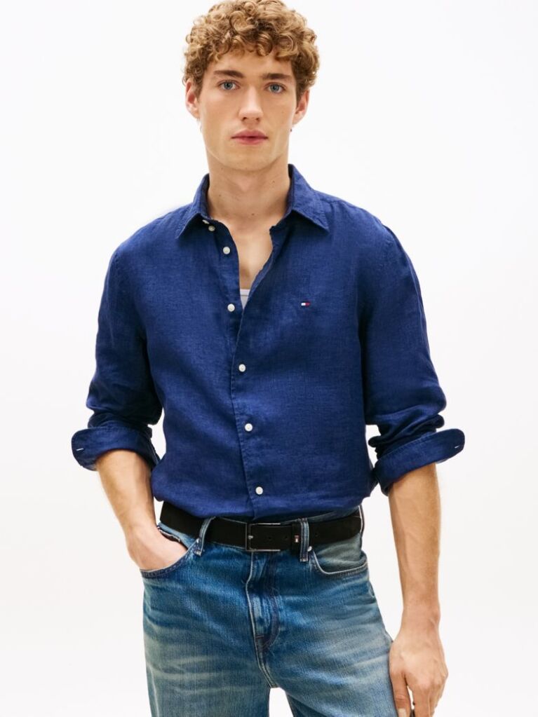 Blue Regular Fit Washed Pure Linen Shirt  Men