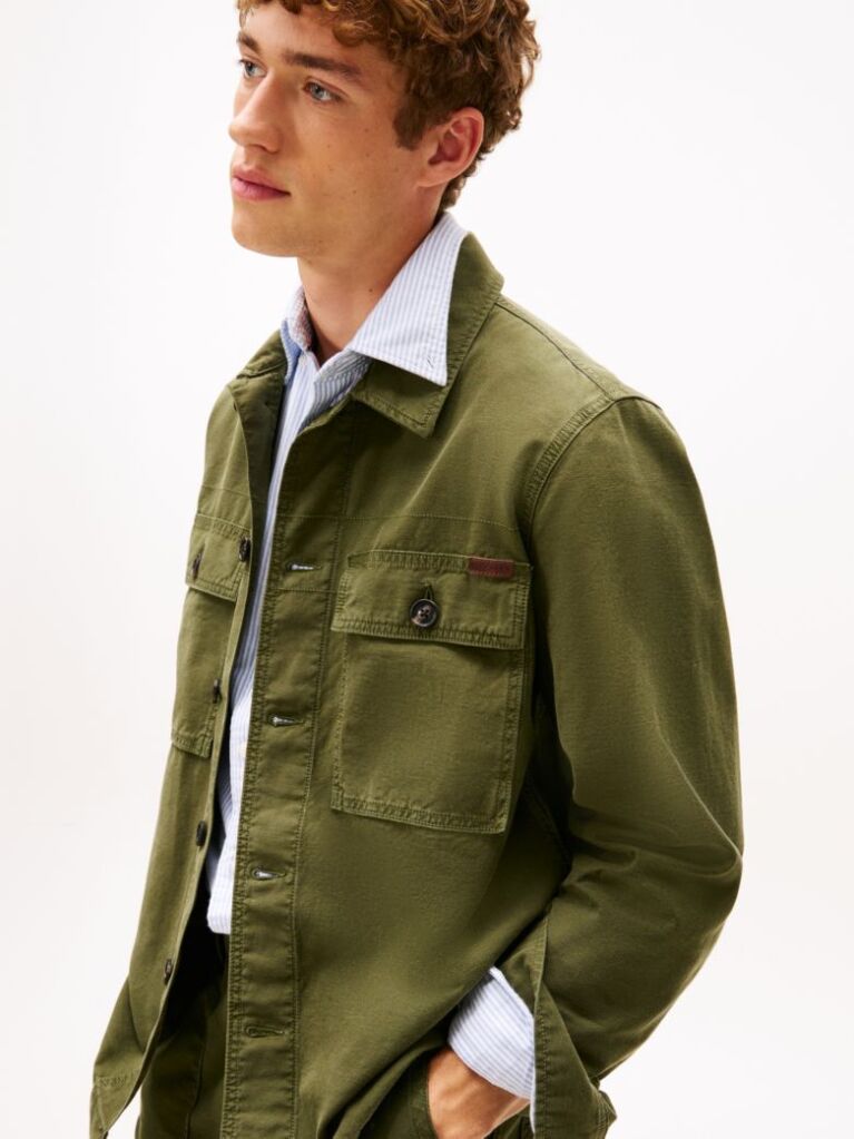 Green Textured Washed Sateen Utility Shirt Jacket  Men