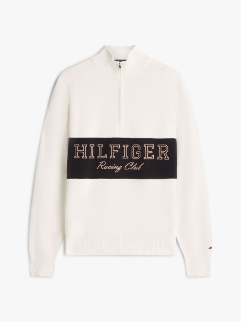 Beige Relaxed Quarter-Zip Mock Neck Jumper  Men