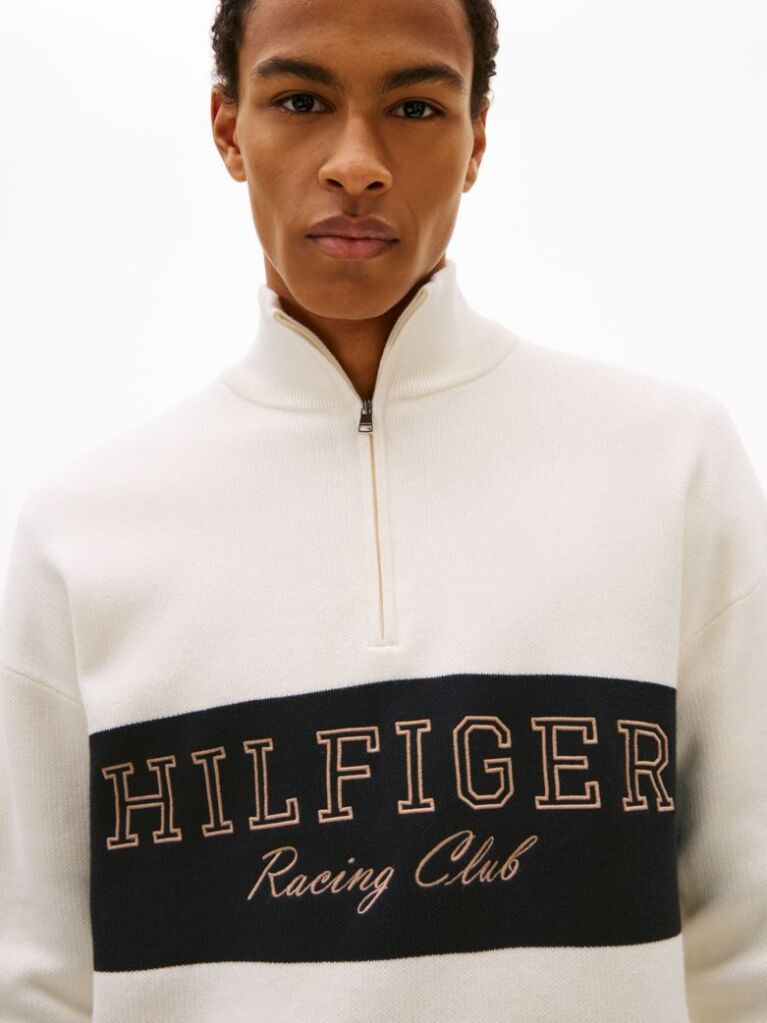Beige Relaxed Quarter-Zip Mock Neck Jumper  Men
