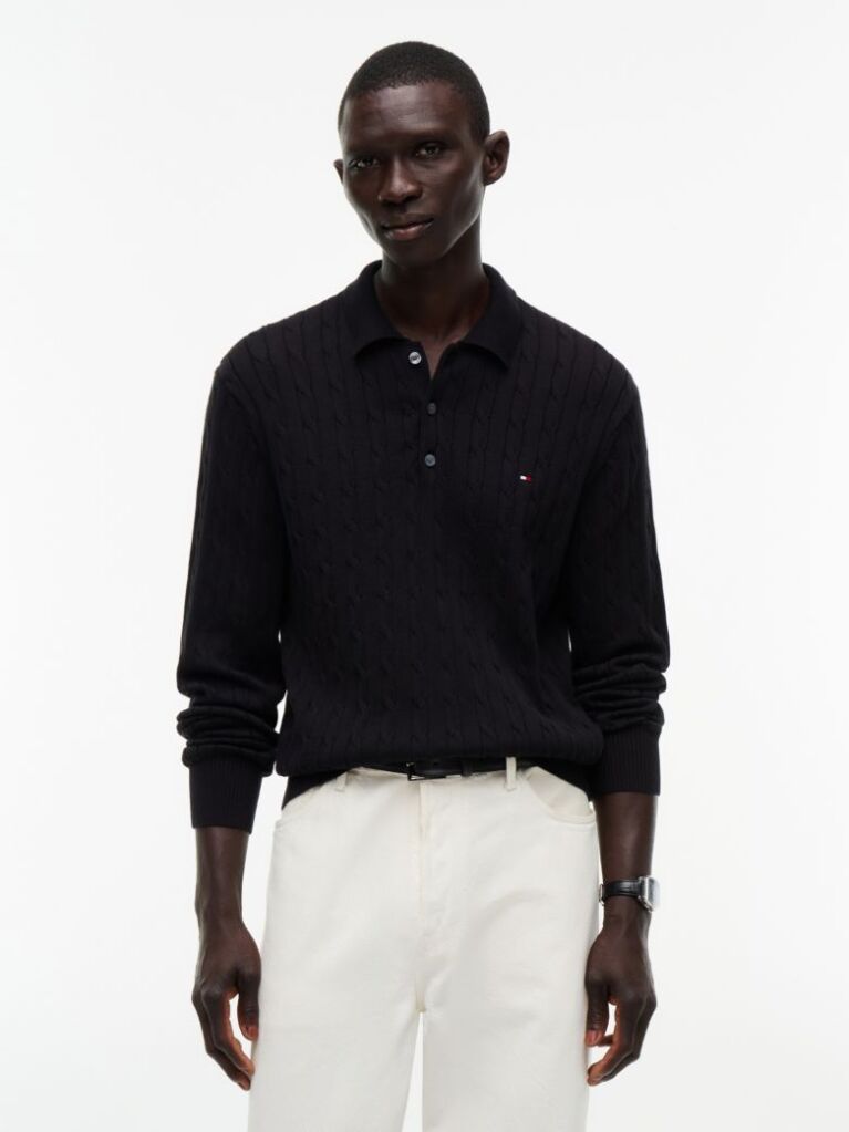 Black Cable Knit Polo Jumper  Men