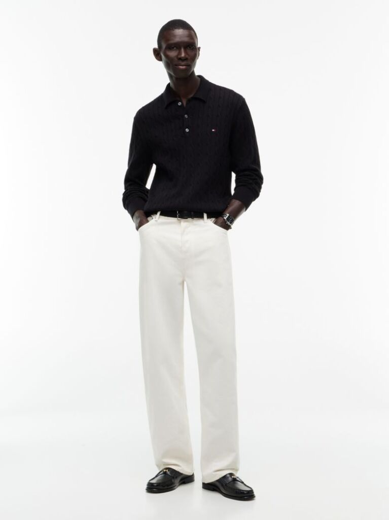 Black Cable Knit Polo Jumper  Men