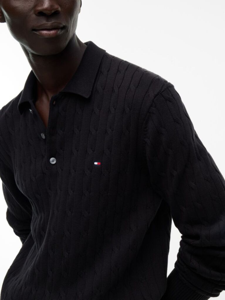 Black Cable Knit Polo Jumper  Men
