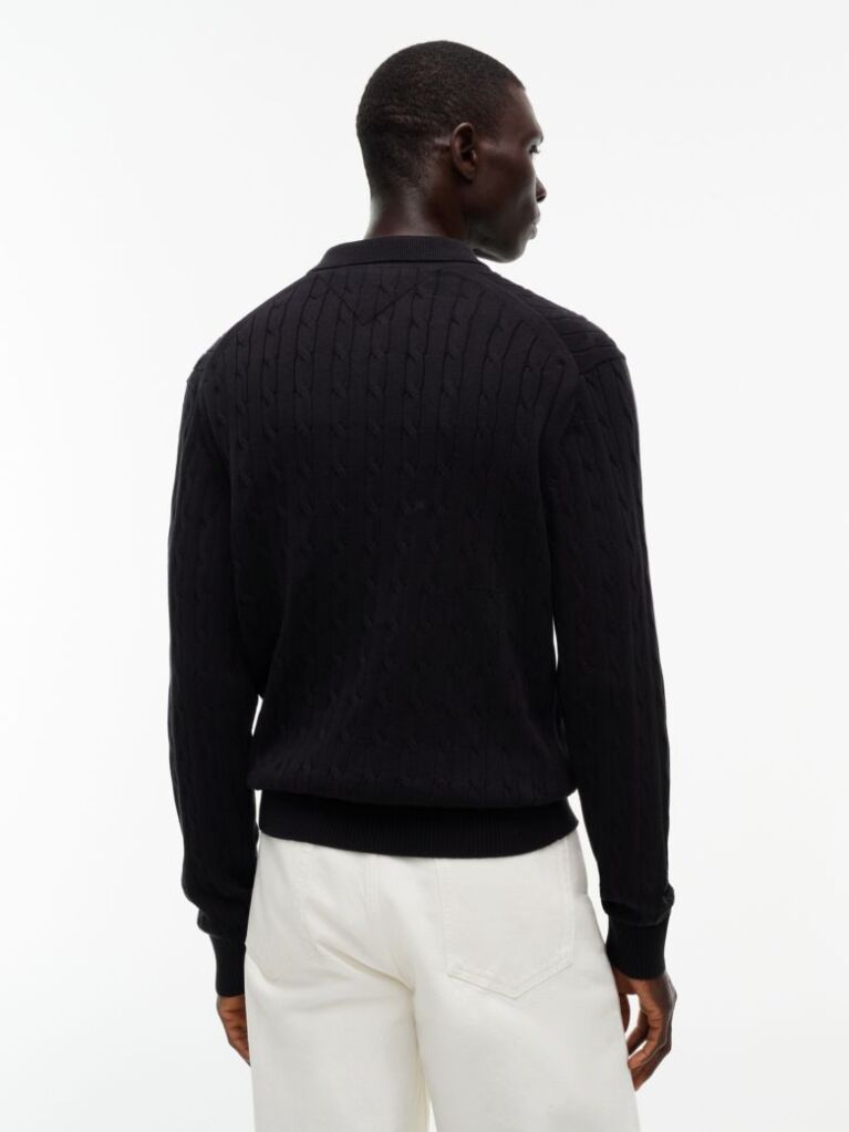 Black Cable Knit Polo Jumper  Men