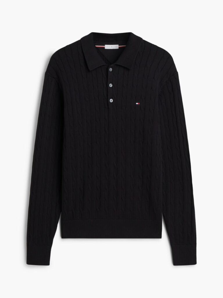 Black Cable Knit Polo Jumper  Men