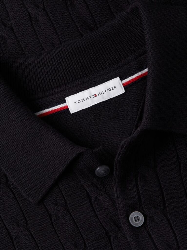 Black Cable Knit Polo Jumper  Men