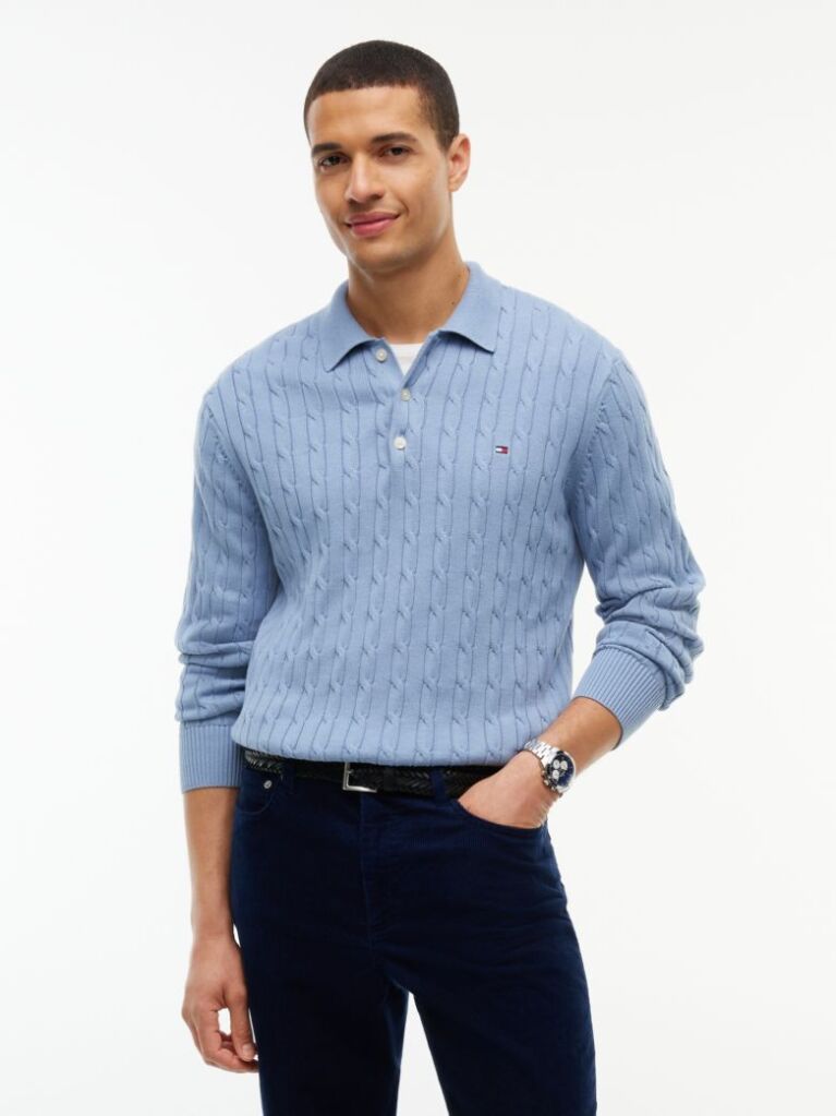 Blue Cable Knit Polo Jumper  Men