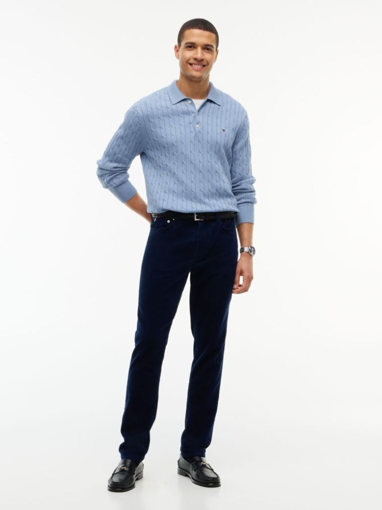 Blue Cable Knit Polo Jumper  Men