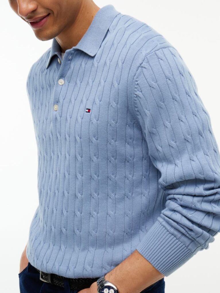 Blue Cable Knit Polo Jumper  Men