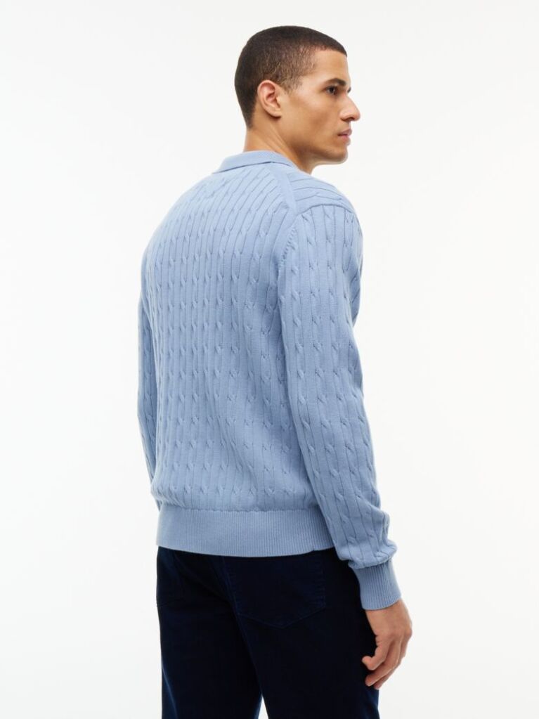 Blue Cable Knit Polo Jumper  Men