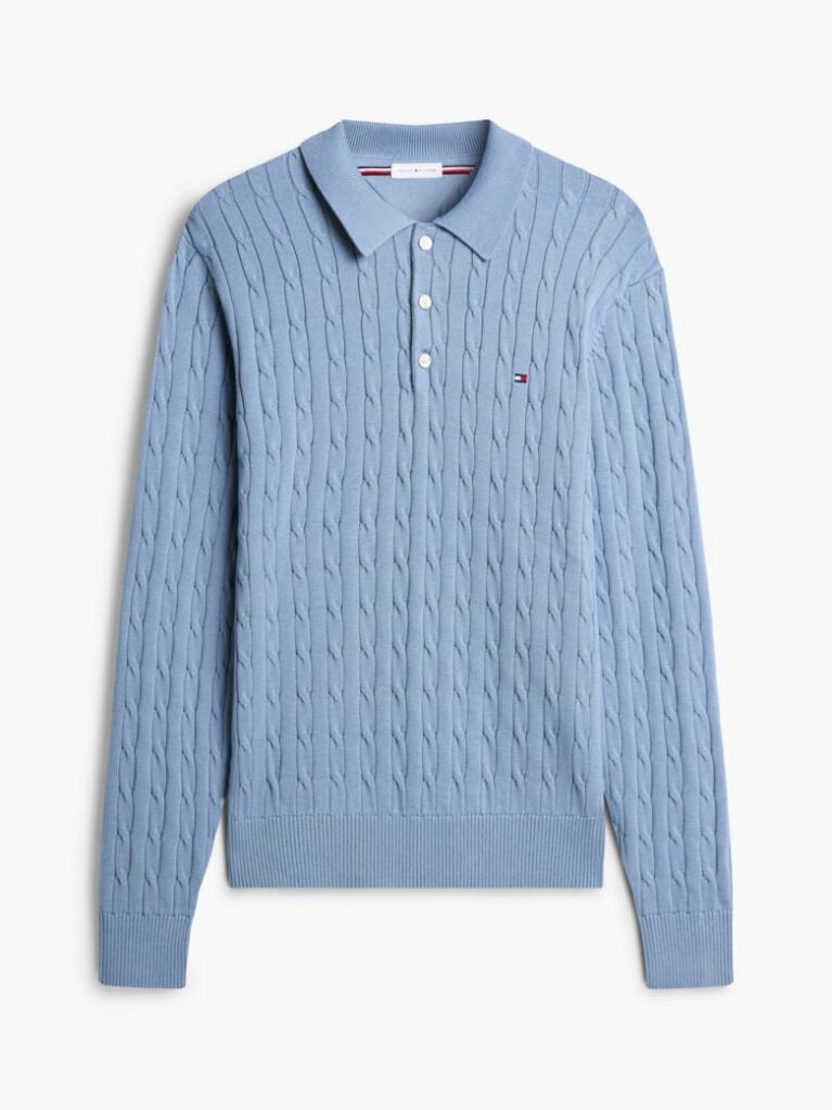 Blue Cable Knit Polo Jumper  Men