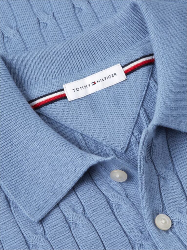 Blue Cable Knit Polo Jumper  Men