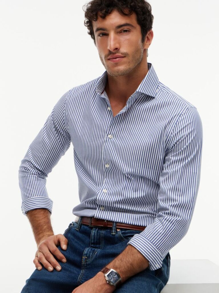 Blue Smart Casual Slim Fit Stripe Shirt  Men