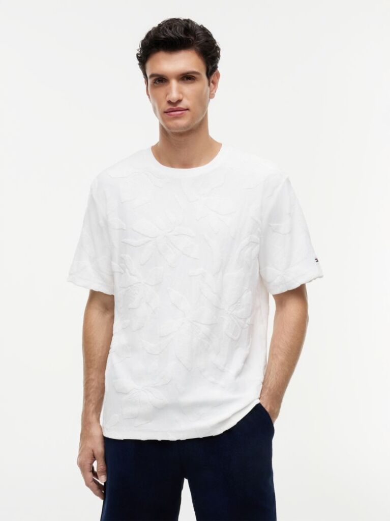 White Towelling Jacquard Relaxed Crew Neck T-Shirt  Men