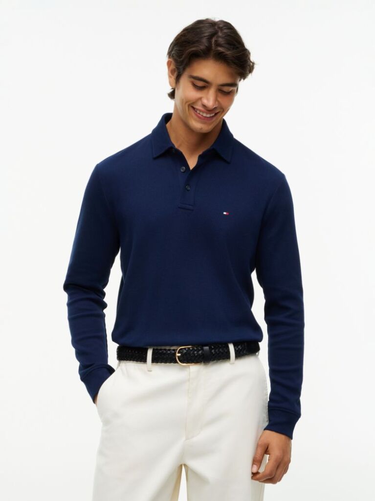 Blue Regular Waffle Long Sleeve Polo Shirt  Men