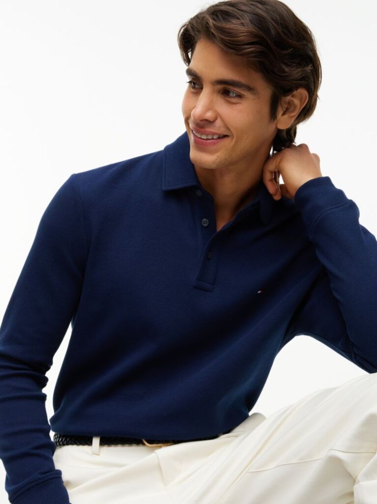 Blue Regular Waffle Long Sleeve Polo Shirt  Men