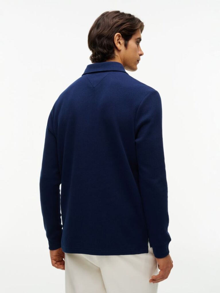 Blue Regular Waffle Long Sleeve Polo Shirt  Men