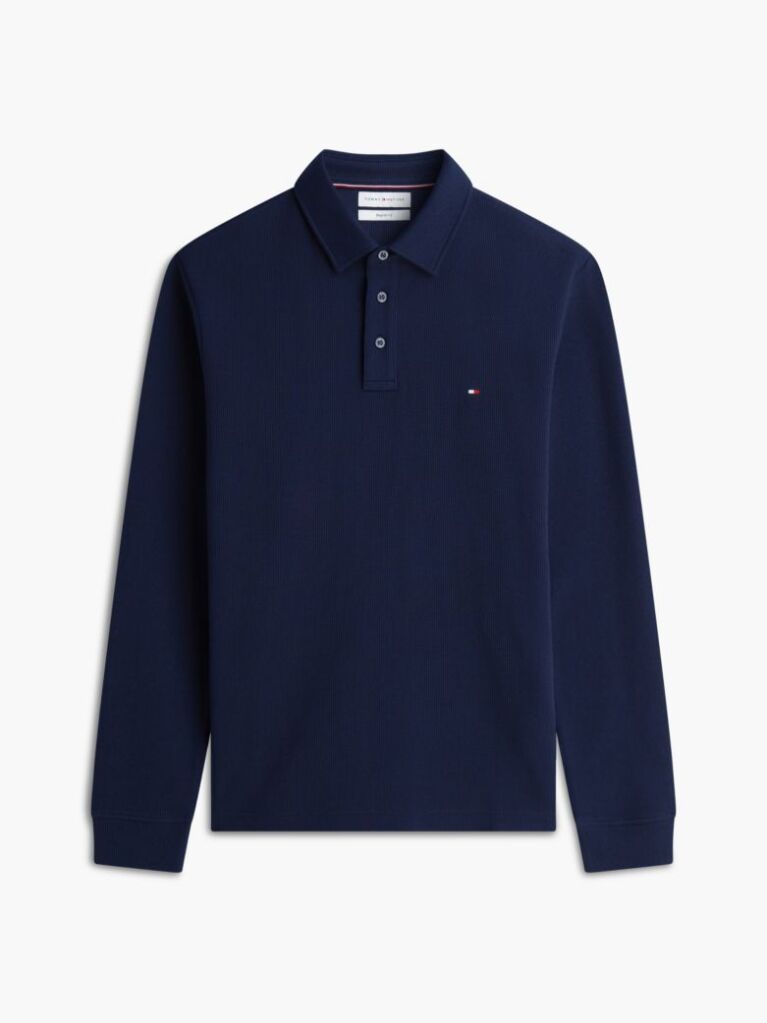 Blue Regular Waffle Long Sleeve Polo Shirt  Men