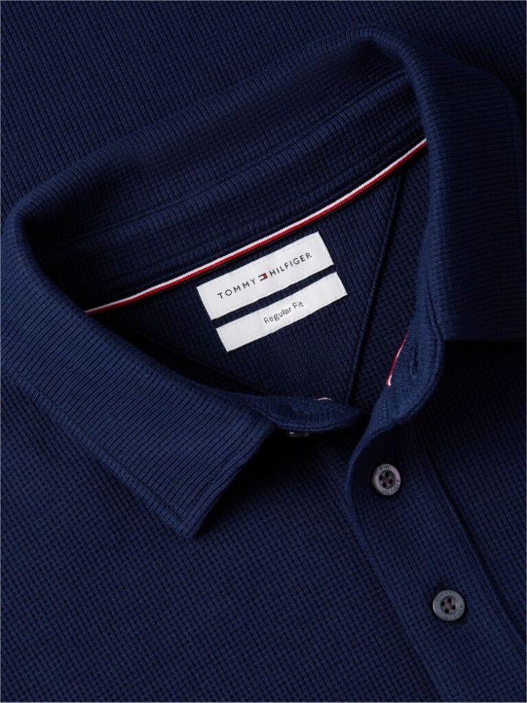 Blue Regular Waffle Long Sleeve Polo Shirt  Men