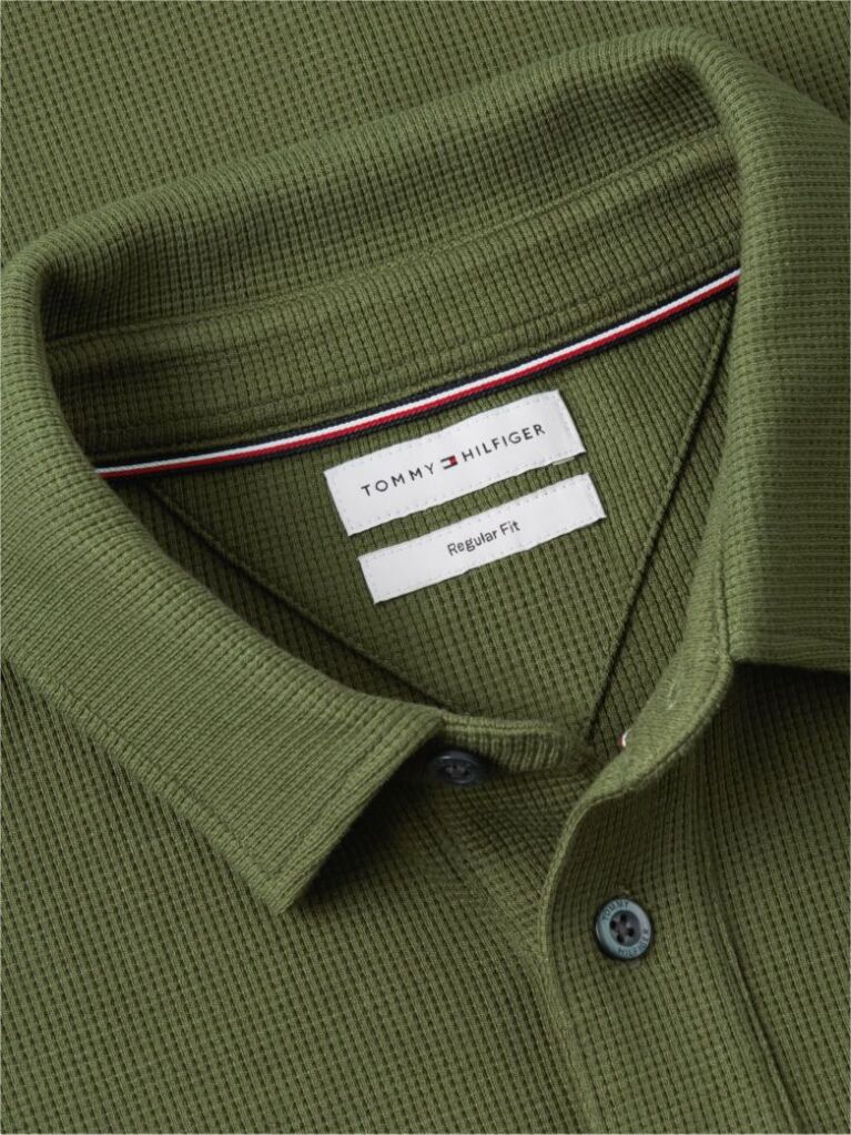 Green Regular Waffle Long Sleeve Polo Shirt  Men