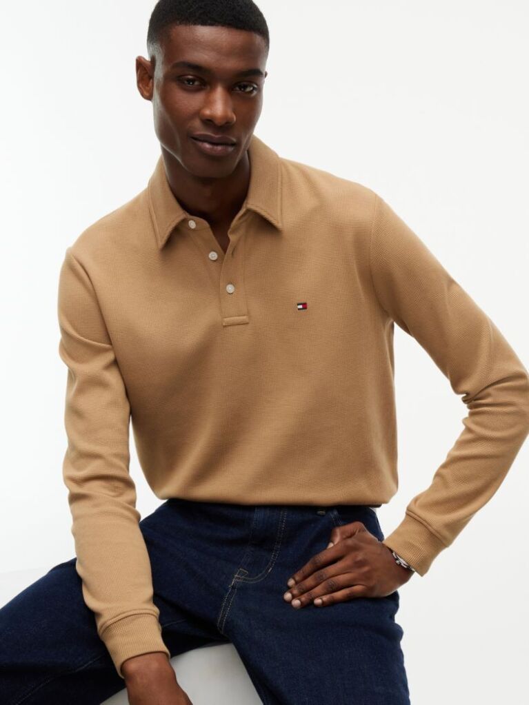 Brown Regular Waffle Long Sleeve Polo Shirt  Men