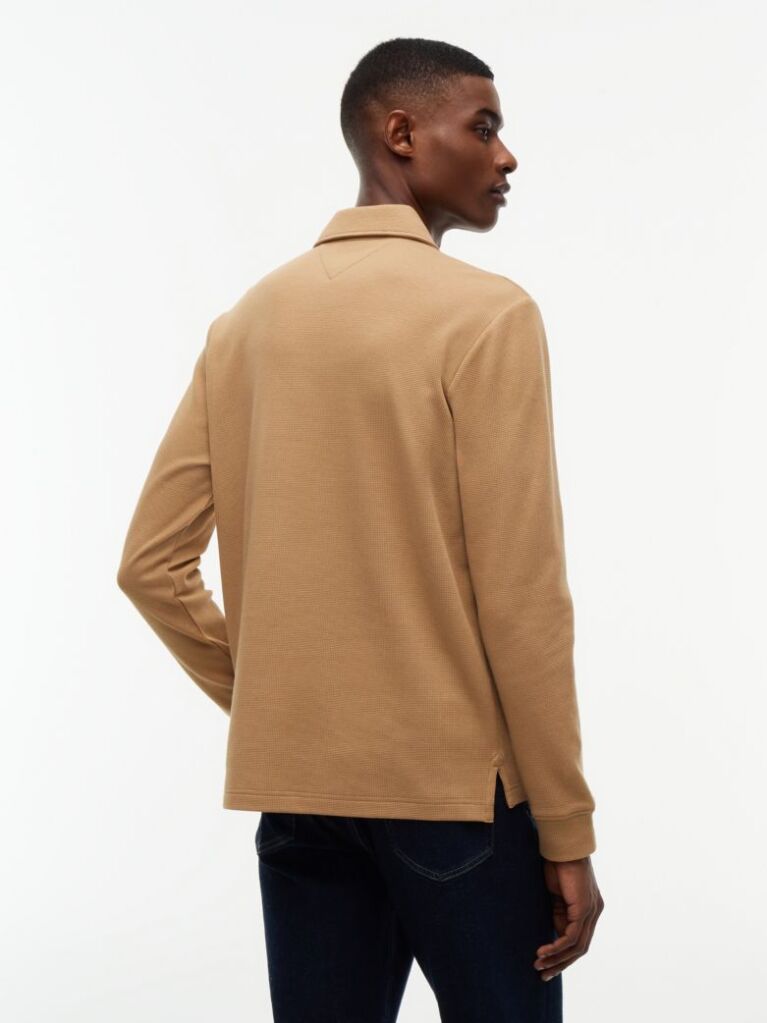 Brown Regular Waffle Long Sleeve Polo Shirt  Men