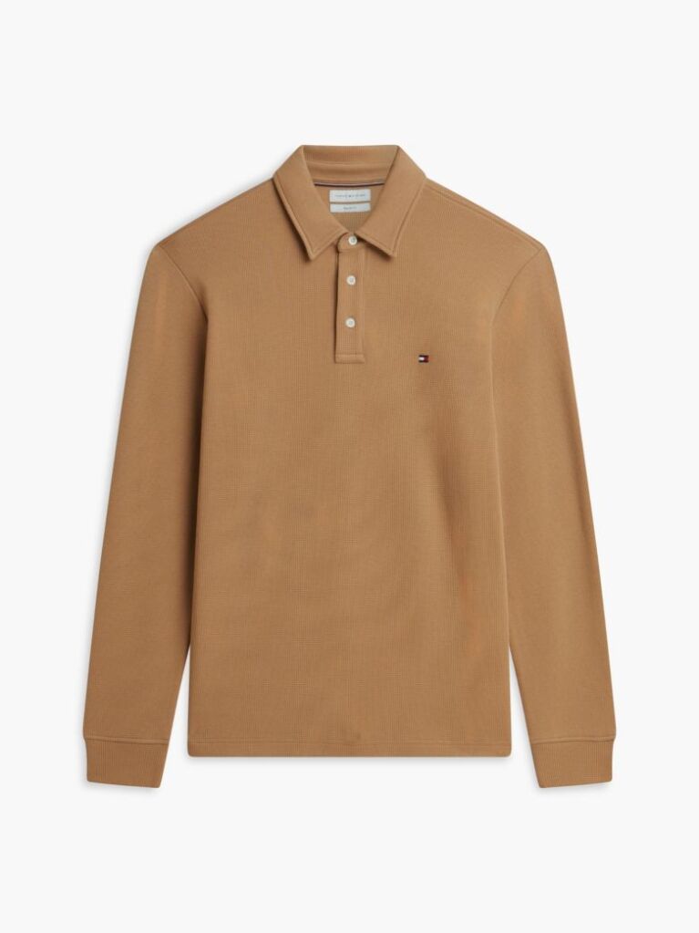Brown Regular Waffle Long Sleeve Polo Shirt  Men