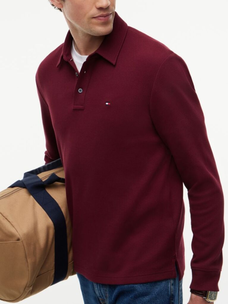 Red Regular Waffle Long Sleeve Polo Shirt  Men