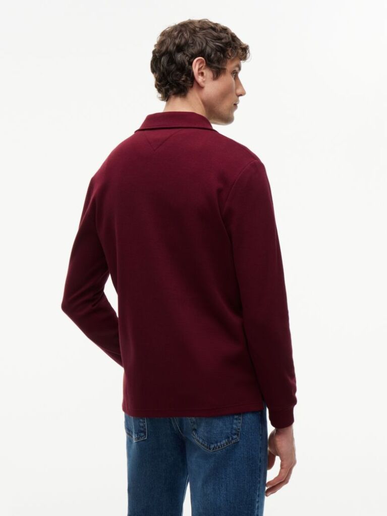Red Regular Waffle Long Sleeve Polo Shirt  Men