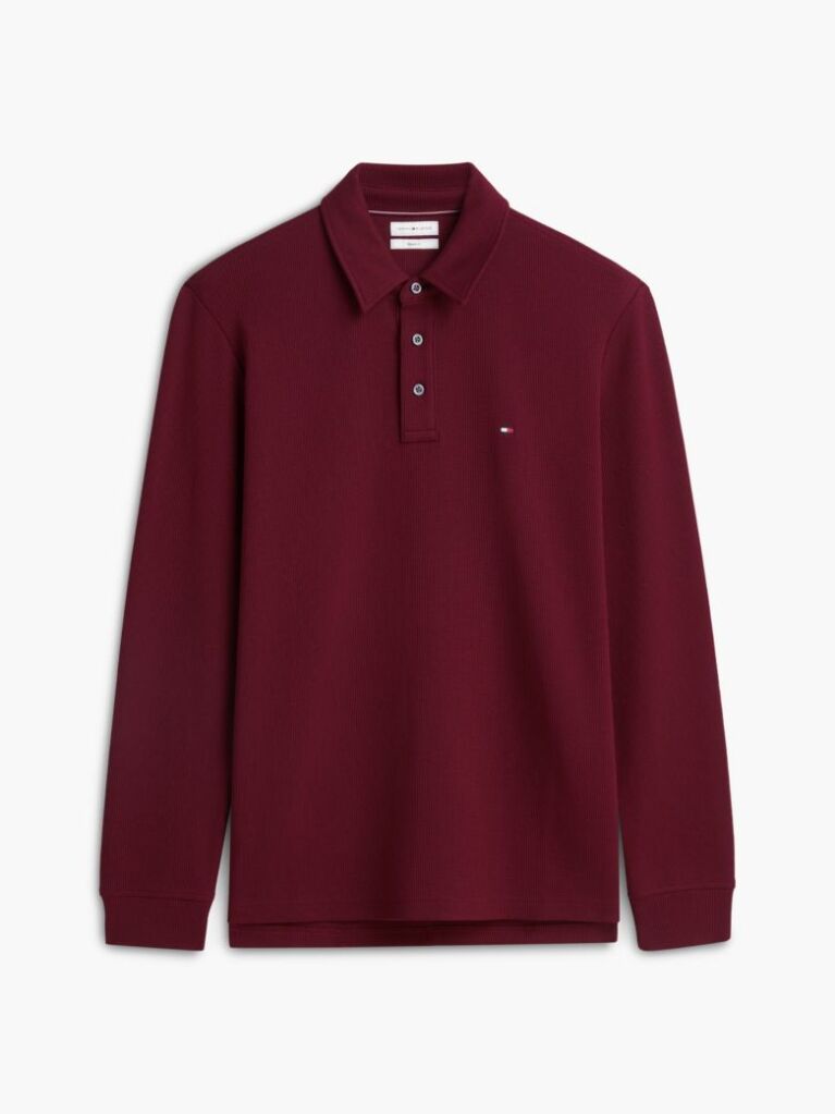 Red Regular Waffle Long Sleeve Polo Shirt  Men
