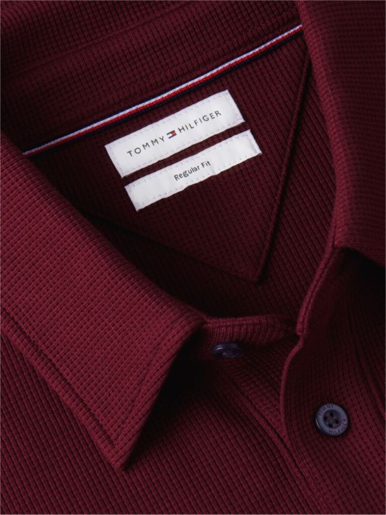 Red Regular Waffle Long Sleeve Polo Shirt  Men