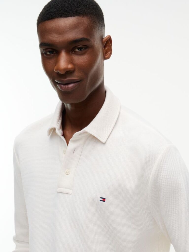 Beige Regular Waffle Long Sleeve Polo Shirt  Men