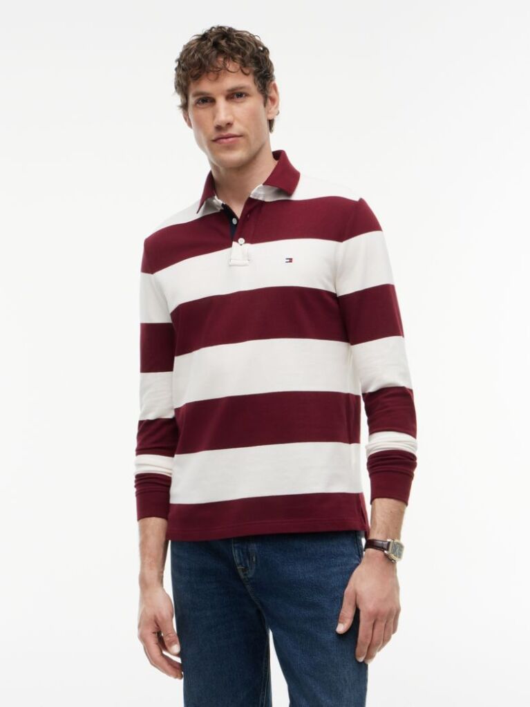 Multi Rugby Stripe Long Sleeve Polo Shirt  Men