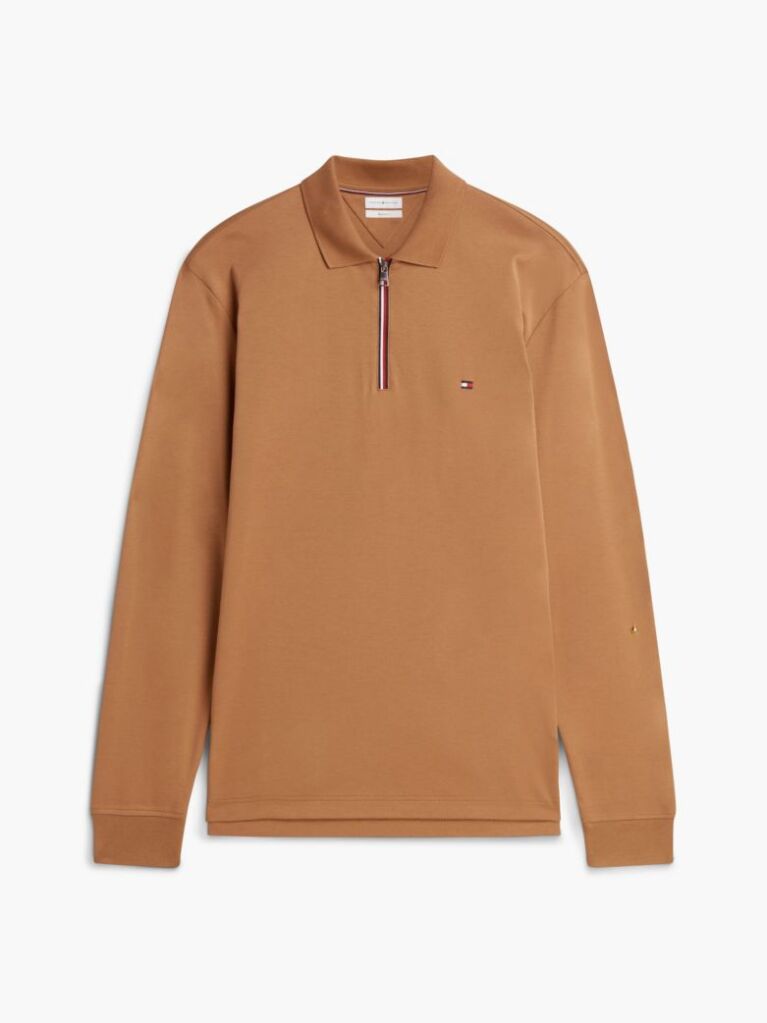 Brown Fluid Cotton Long Sleeve Polo Shirt  Men