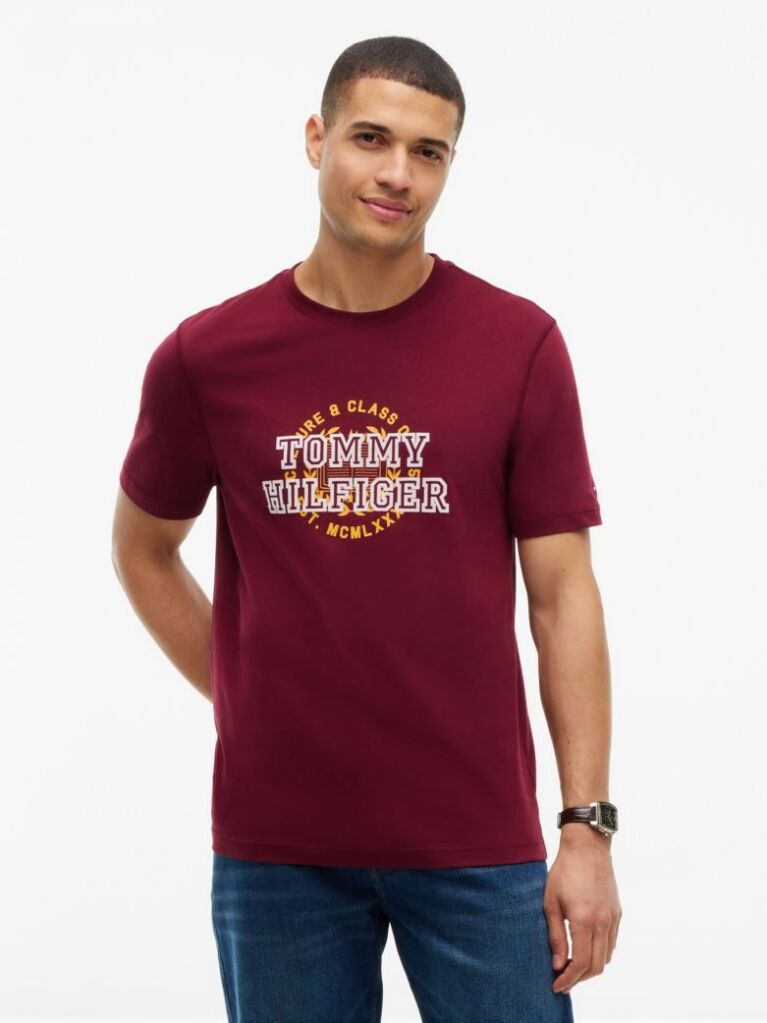 Κόκκινο Βαμβακερό T-Shirt Με Varsity Λογότυπο  Άνδρες