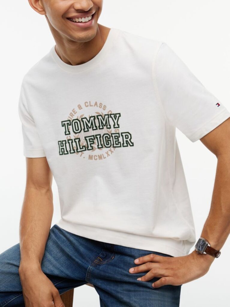 Μπεζ Βαμβακερό T-Shirt Με Varsity Λογότυπο  Άνδρες
