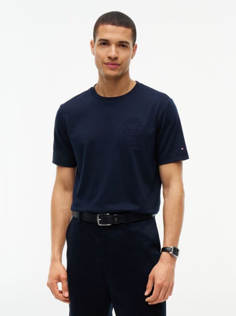 Blue Embossed Logo Interlock Knit T-Shirt  Men