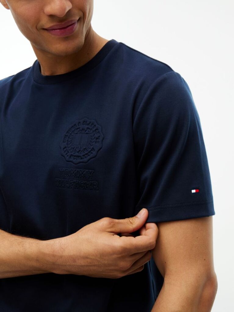 Blue Embossed Logo Interlock Knit T-Shirt  Men