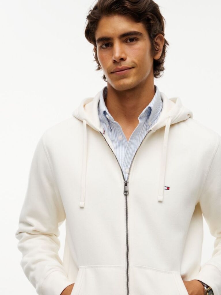 Beige Flag Embroidery Fleece Zip-Thru Hoody  Men