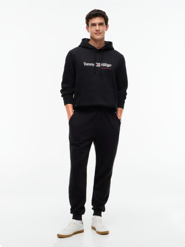 Black Logo Fleece Drawstring Hoody  Men