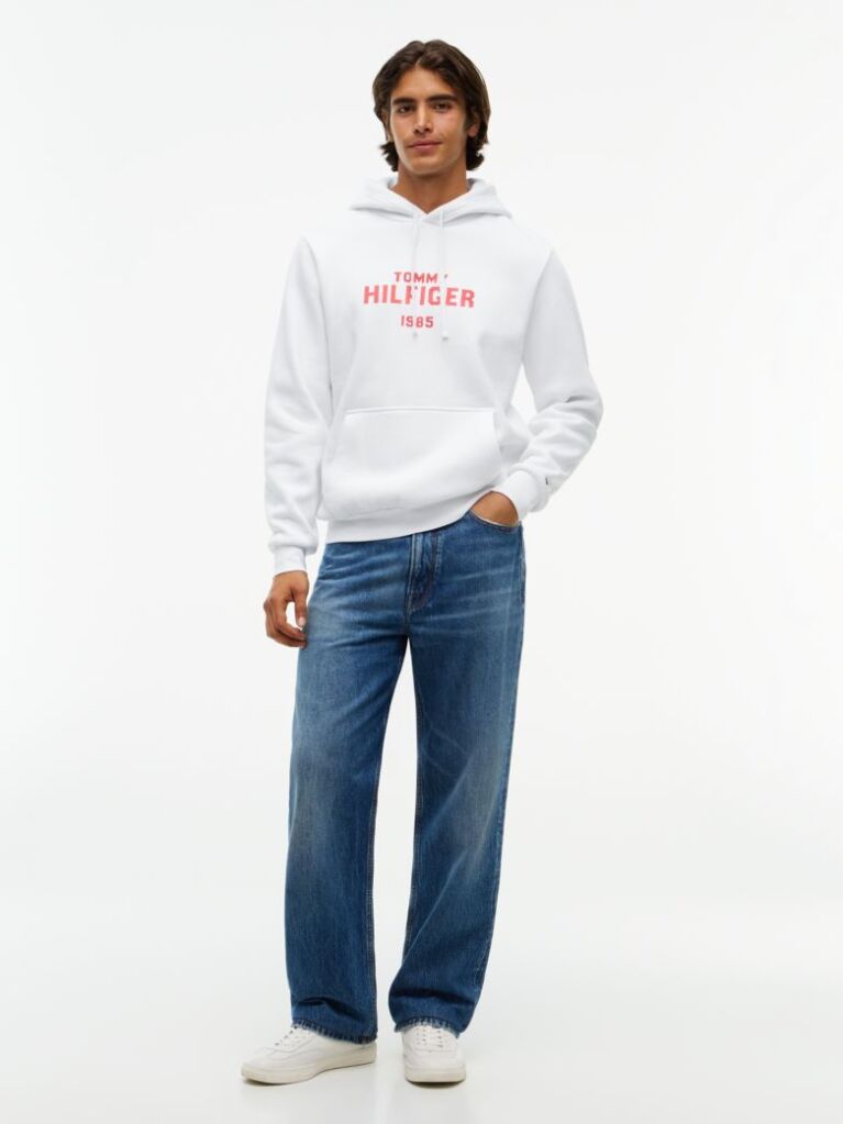 White Logo Embroidery Fleece Hoody  Men