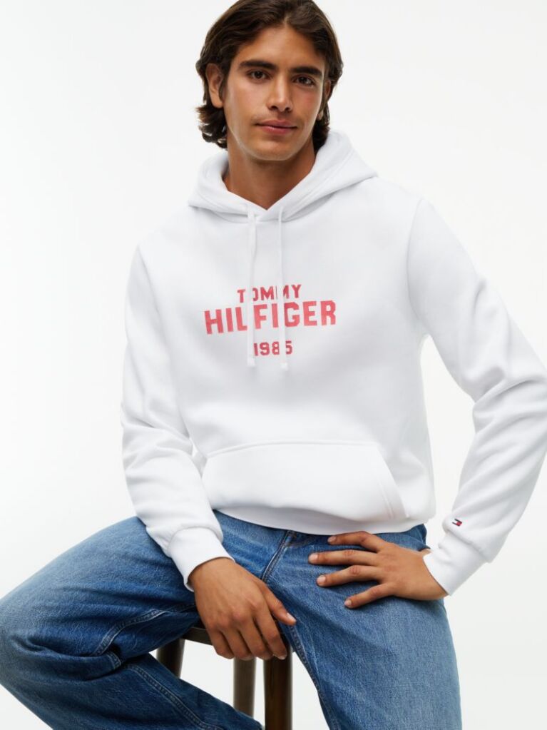 White Logo Embroidery Fleece Hoody  Men