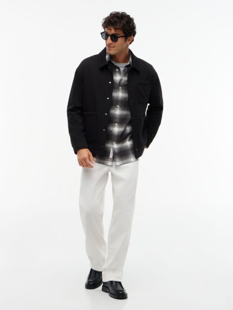 Black Mixed Texture Relaxed Chore Jacket  Men