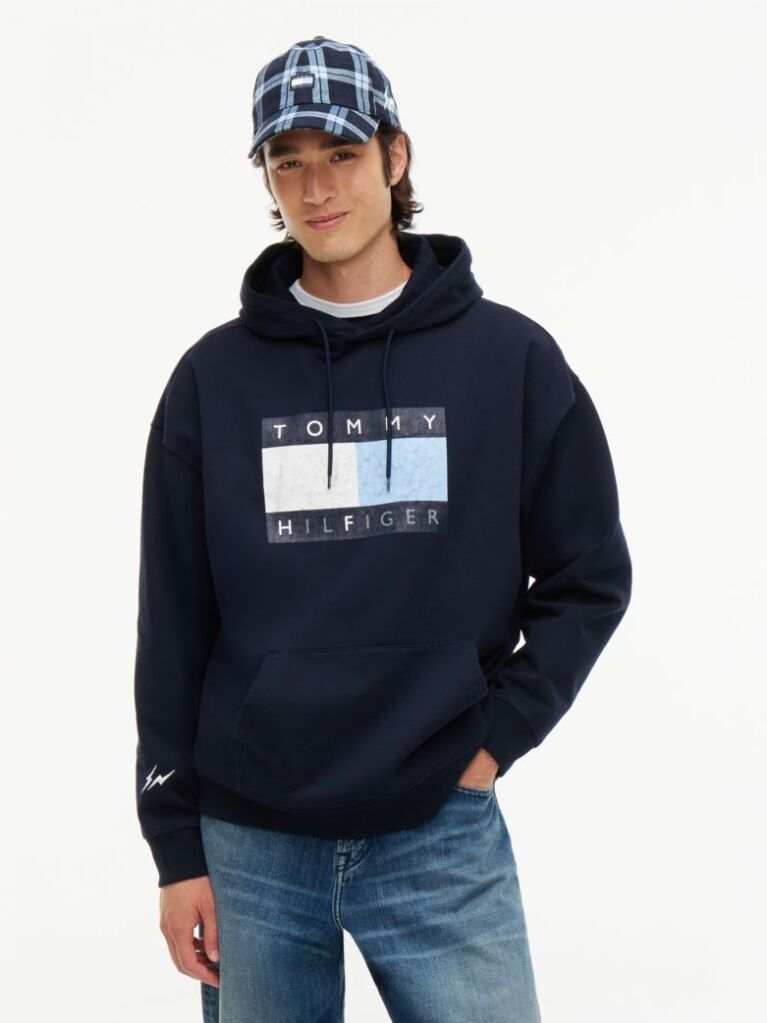 Blue Washed Flag Logo Fleece Relaxed Hoody  Men